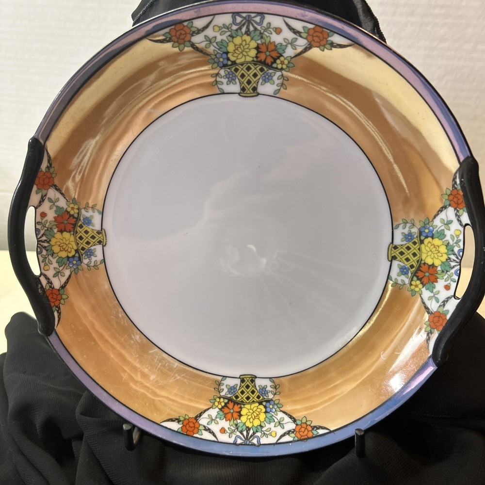 Noritake Vintage Peach Luster Cake/serving plate Hand Painted Green 