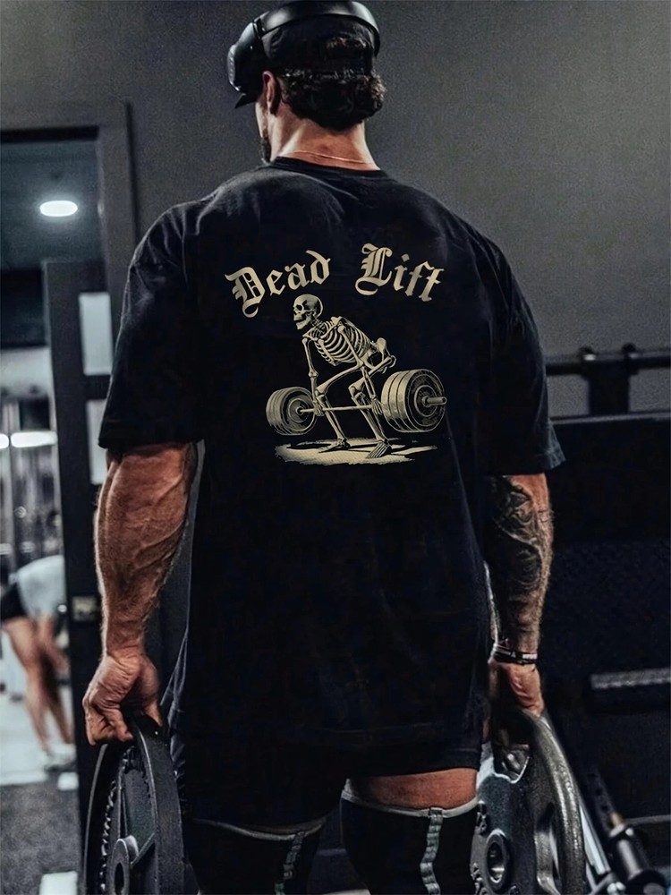 Men's Dead Lift Skeleton Graphic T-Shirt Funny Gym Workout Tee