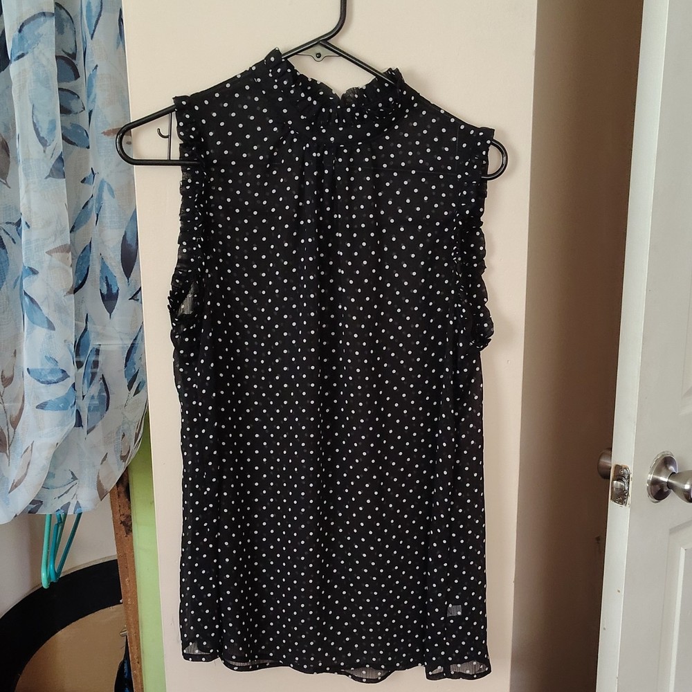 Black & White Polka Dot High Neck Sleeveless Ruffle Pullover Blouse