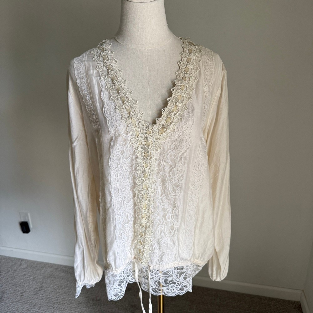 Anthropologie Beyond Vintage Cream Cotton Silk Lace Blouse Women's Large