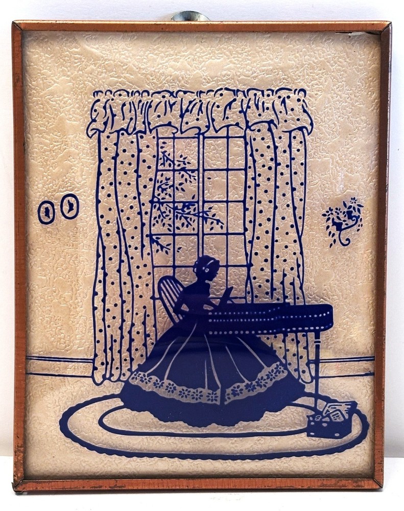 1930’s Reverse Painted BLUE Silhouette Convex Glass Victorian Girl Playing Piano