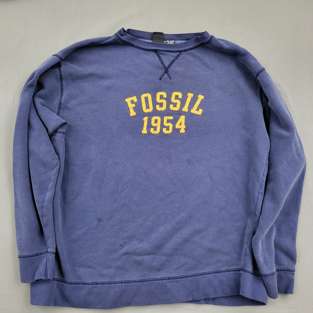 VINTAGE FOSSIL Sweater Mens XL Long Sleeve Crew Neck Spell Out Pullover Blue *