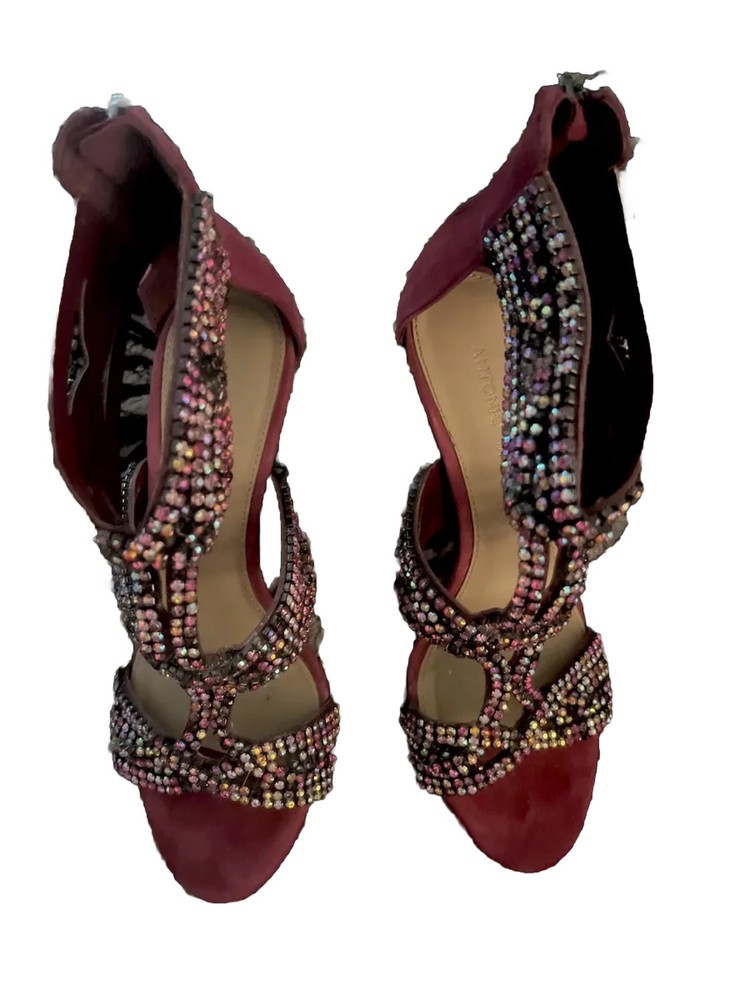 Antonio Melani Burgundy Rhinestone Suede Stiletto Heels Size 6 with Zipper Detail
