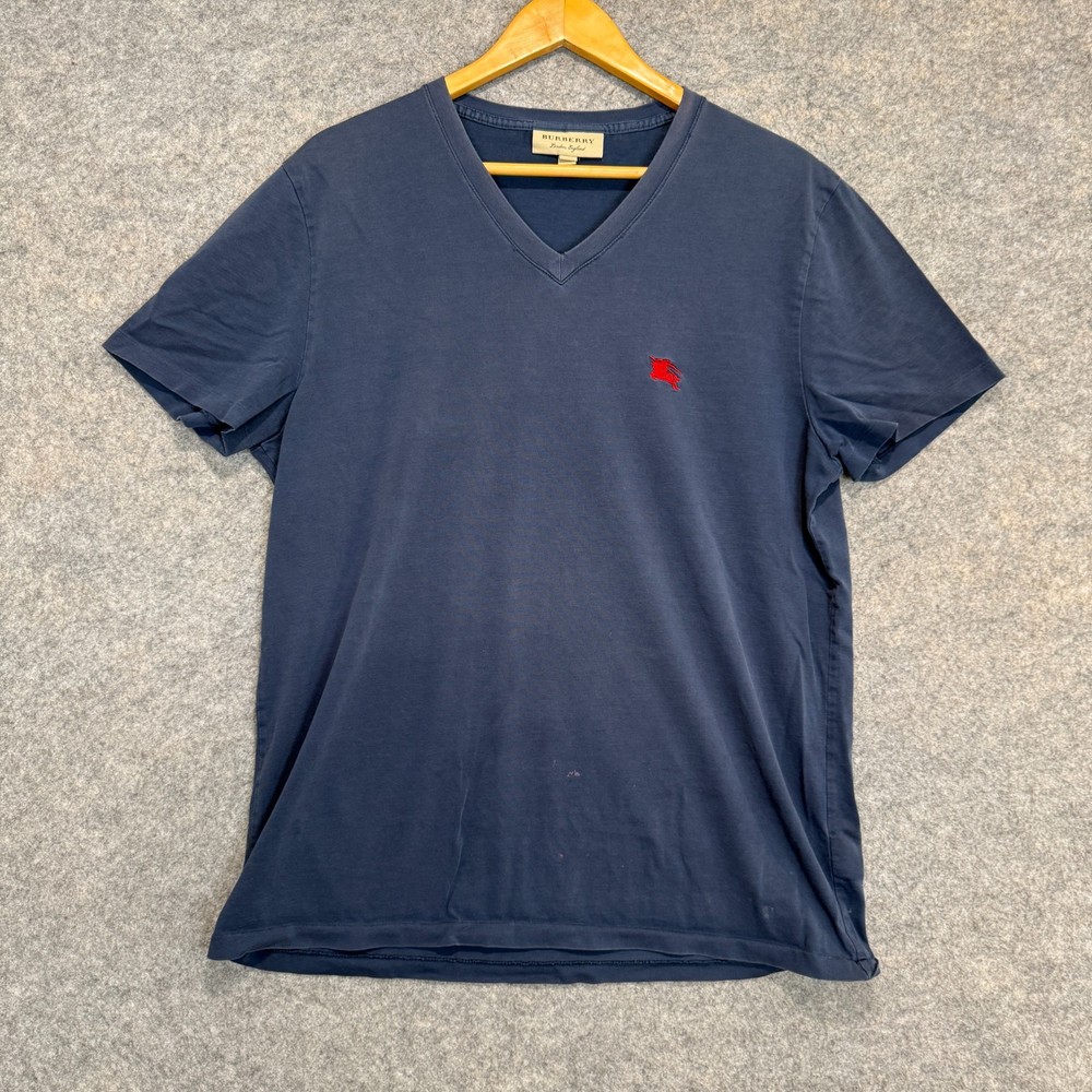 Burberry V Neck Tshirt Shirt Mens XL Navy Blue Logo Tee *stained*