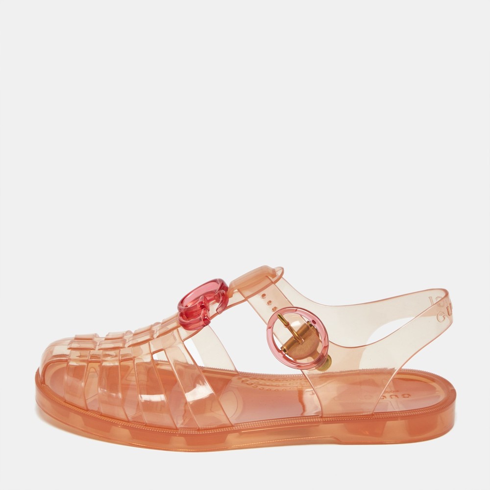Gucci GG Marmont Orange Glossy Jelly Flat Sandals Size 35