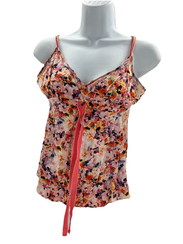 Diane Von Furstenberg DVF 100% Silk Pink Floral Tank Top Cami Size XS 6 Y2K
