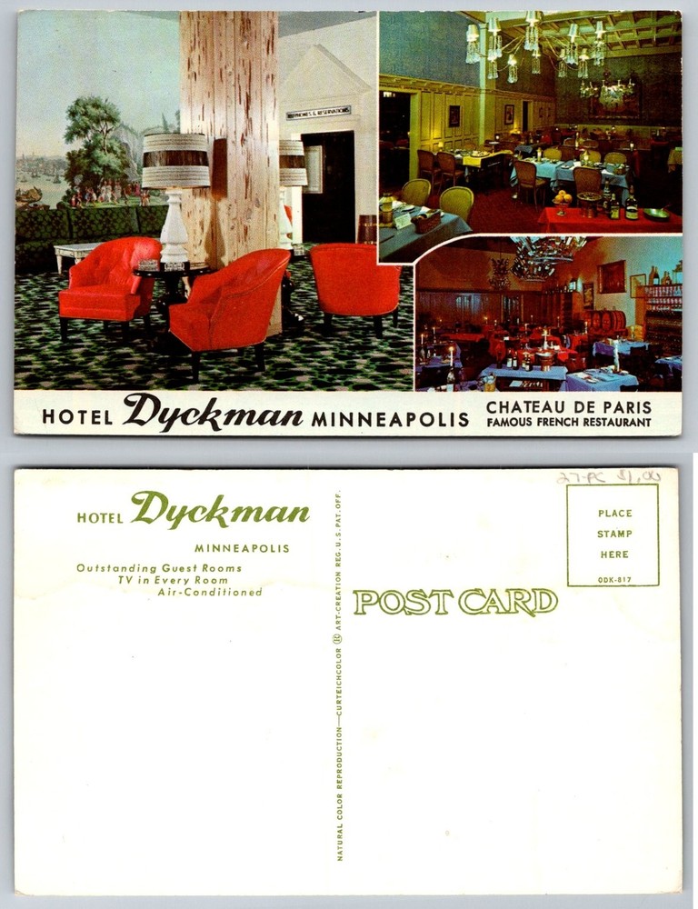 Hotel Dyckman Minneapolis MN Postcard Chateau de Paris Restaurant Curteichcolor