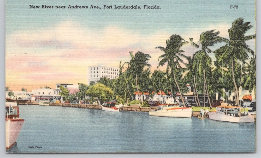 Fort Lauderdale FL New River Andrews Ave Tichnor Linen Postcard 1950 Posted