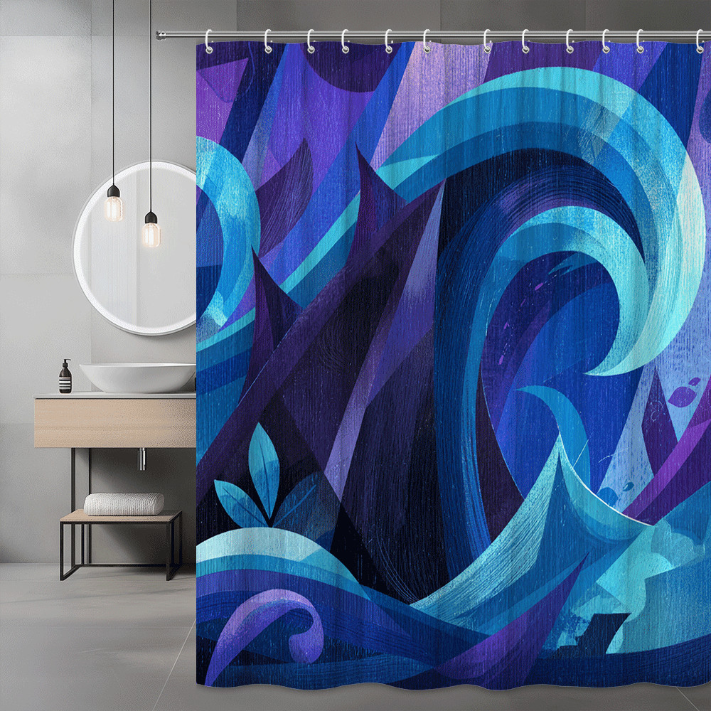 Abstract Blue Purple Wave Shower Curtain, Graphic Swirl Print