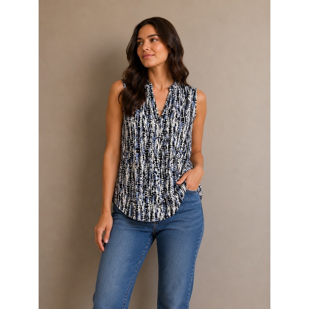 Jones New York Women's Abstract Blue and Black Sleeveless Blouse Small