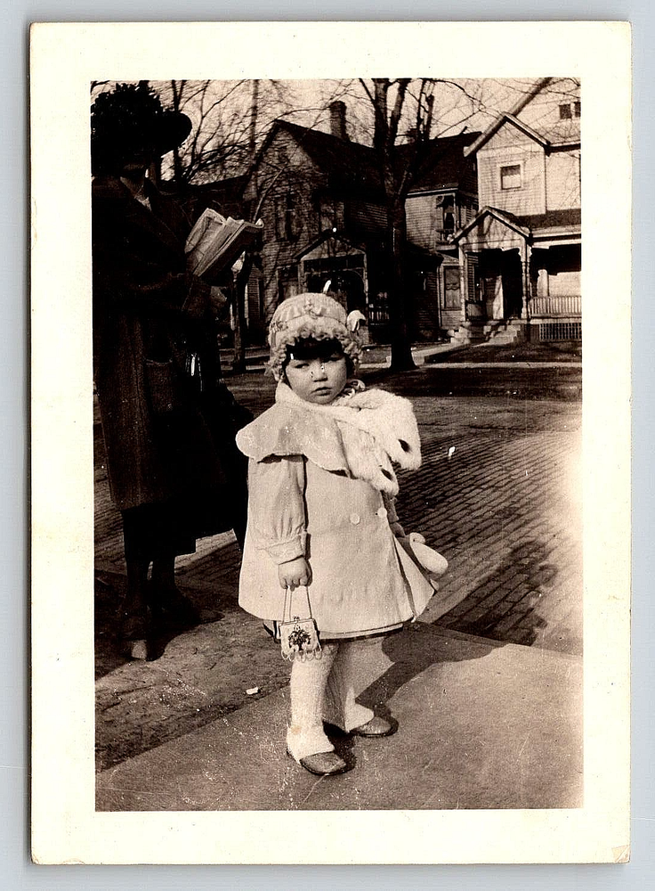 Vintage Photo of Woman and Girl in Coat Hat with Purse on Brick Street