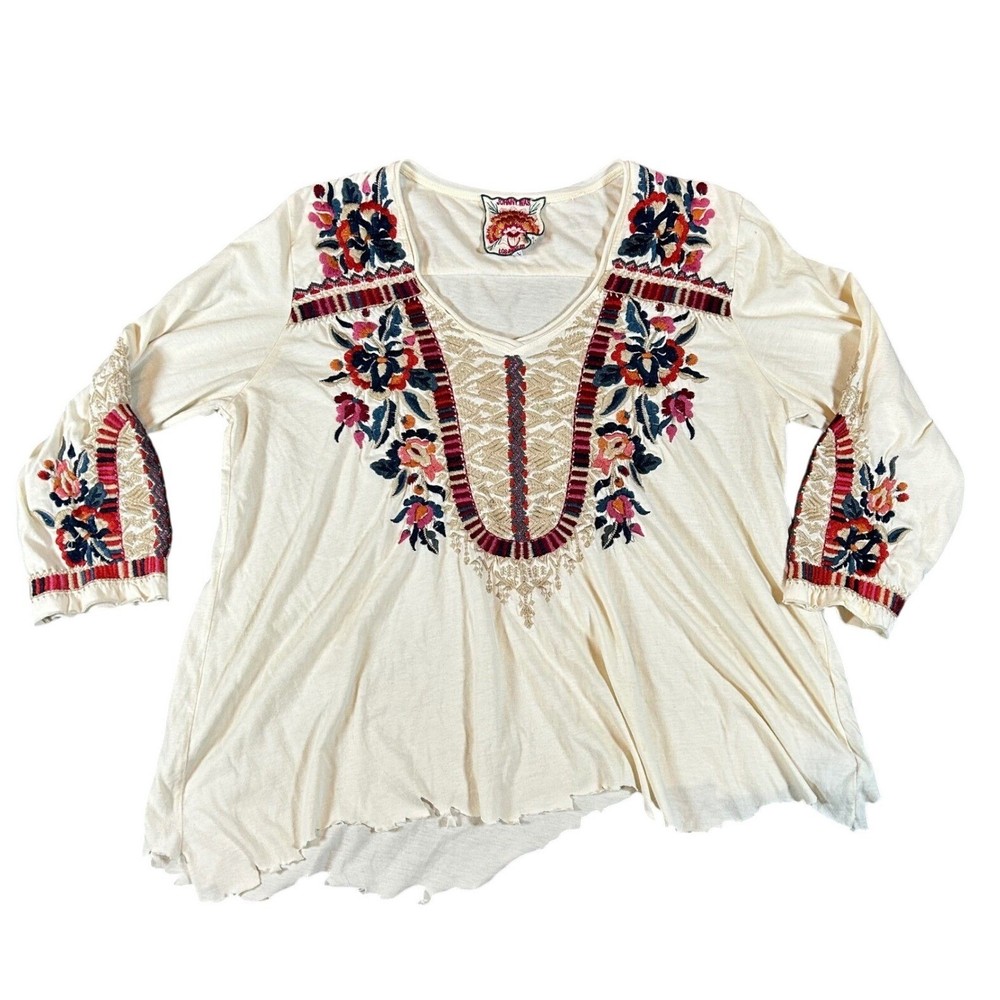 Johnny Was Womens Embroidered Floral V-Neck Top Cream Large Boho Chopped Fringe