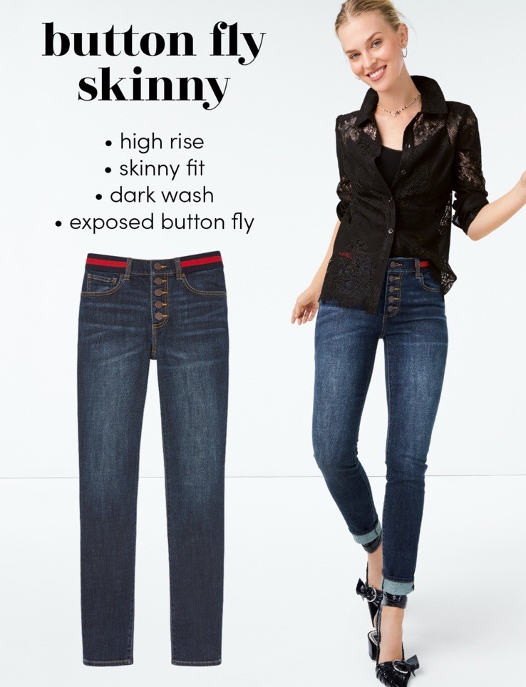 CAbi Button Fly Skinny Jeans #3751 Size 10 Dark Wash Blue Red