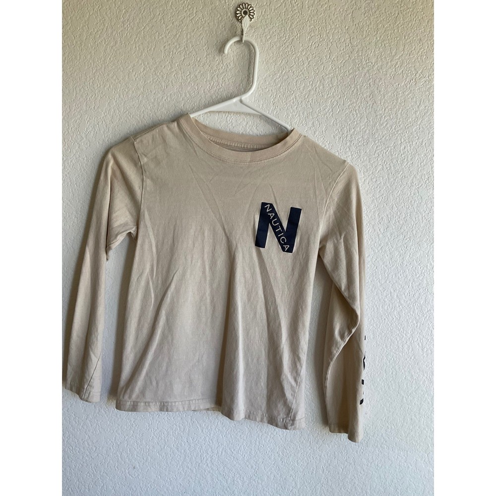 Nautica Boys Long Sleeve Graphic Tee Tan Beige Navy Blue Logo Shirt Size S 8