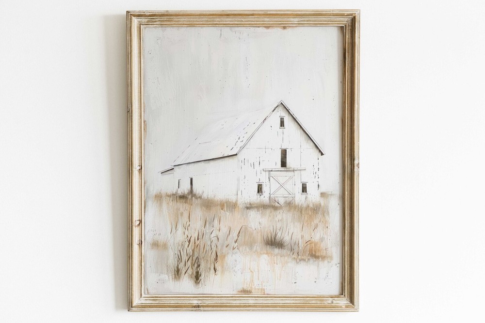 White Barn Print Barn Painting Modern Farmhouse Decor Countryside Landscape