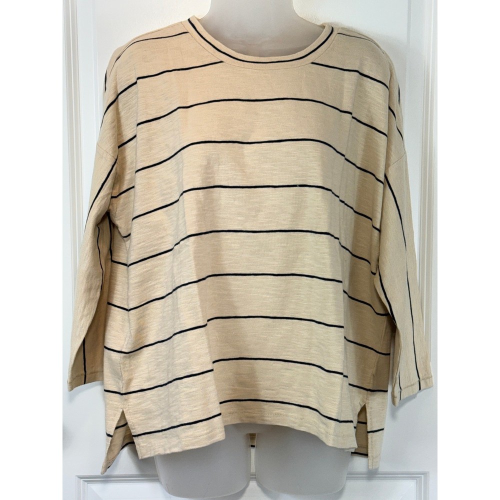 NWT Lou & Grey Striped Long Sleeve Cotton T Shirt Top Womens Size S Barely Beige