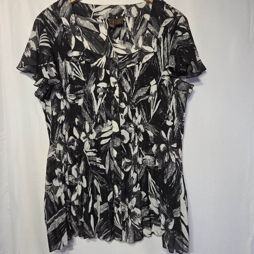 Sere  Nade  Woman 2X Sheer Black Ivory Abstract Floral Button Front Blouse Top
