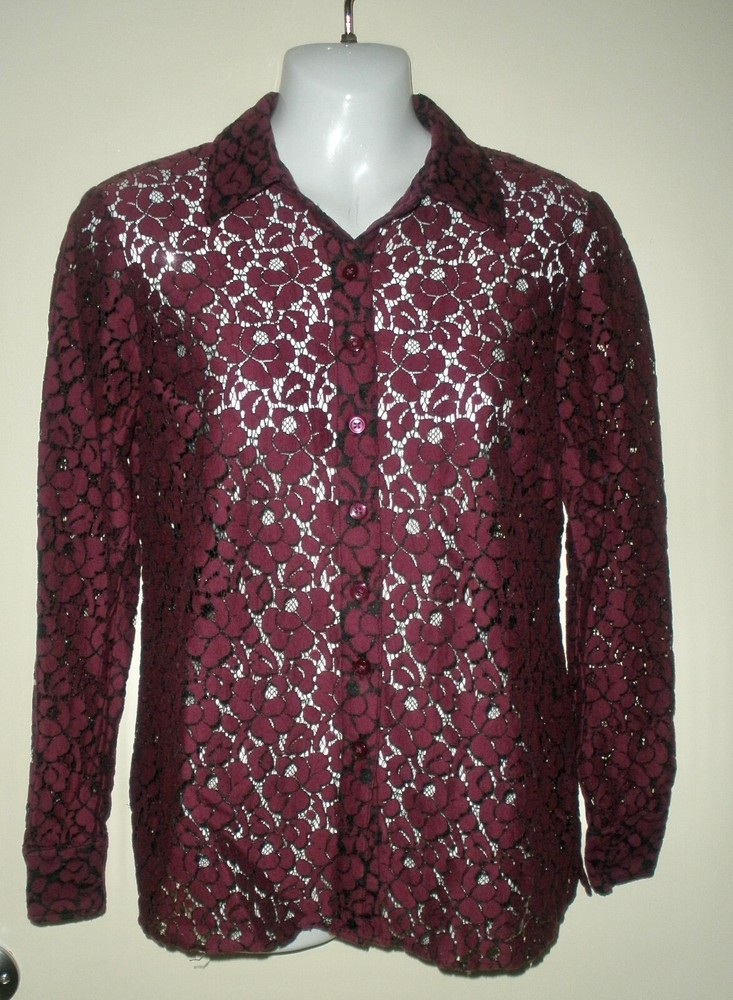 #80 Charter Club Dark Purple Lace Button Up LS Blouse Size 4