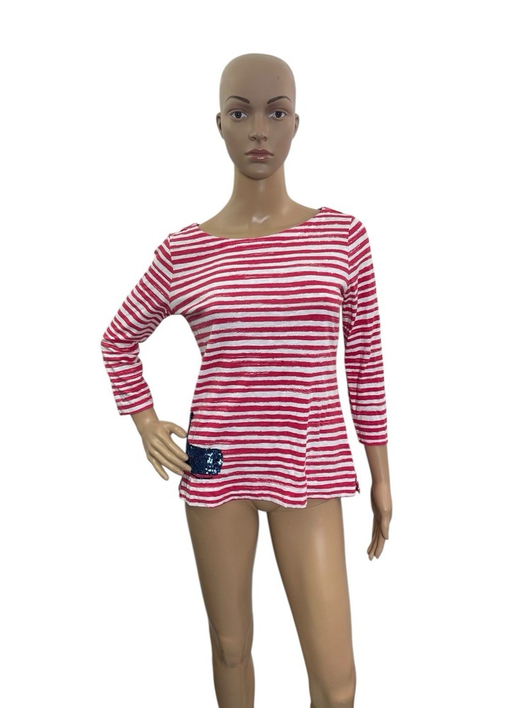Talbots Women’s Size XS 3/4 Sleeve Round Neck Sequin Whale Red White Striped Tee