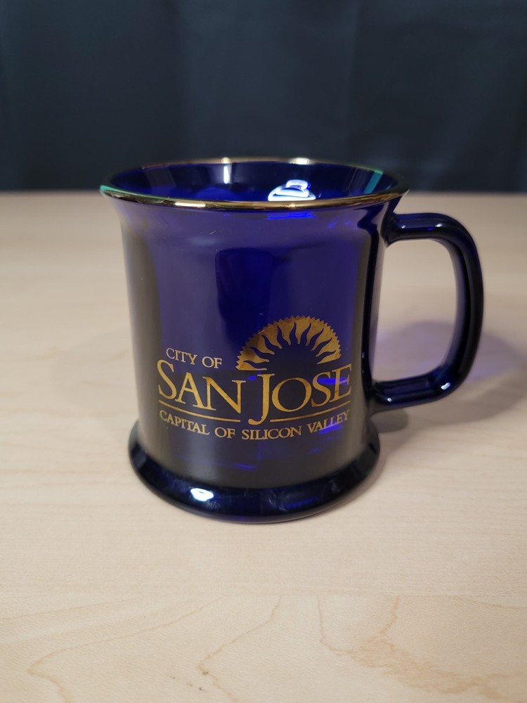 San Jose Themed Cobalt Blue w/Gold Graphics & Trim Glass Mug Made In USA