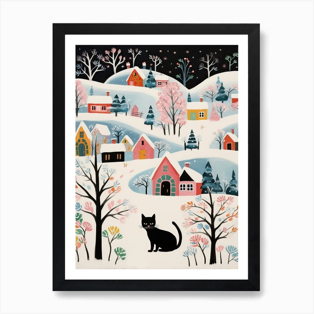 Black Cat In The Snow Winter Art Ar Framed Wall Art Poster Canvas Print Picture
