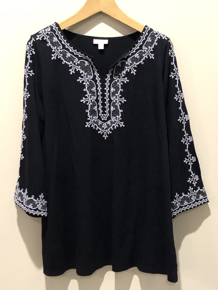 Túnica Jill Grande Boho Azul Marino Bordada Costera Abuela Playa Vacaciones Crucero-image