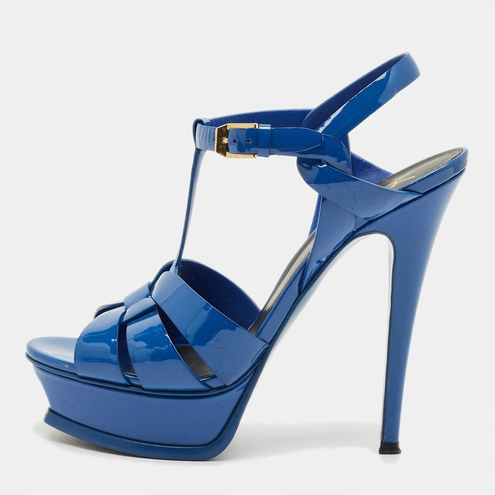 Saint Laurent Blue Patent Leather Tribute Platform Sandals Size 37.5