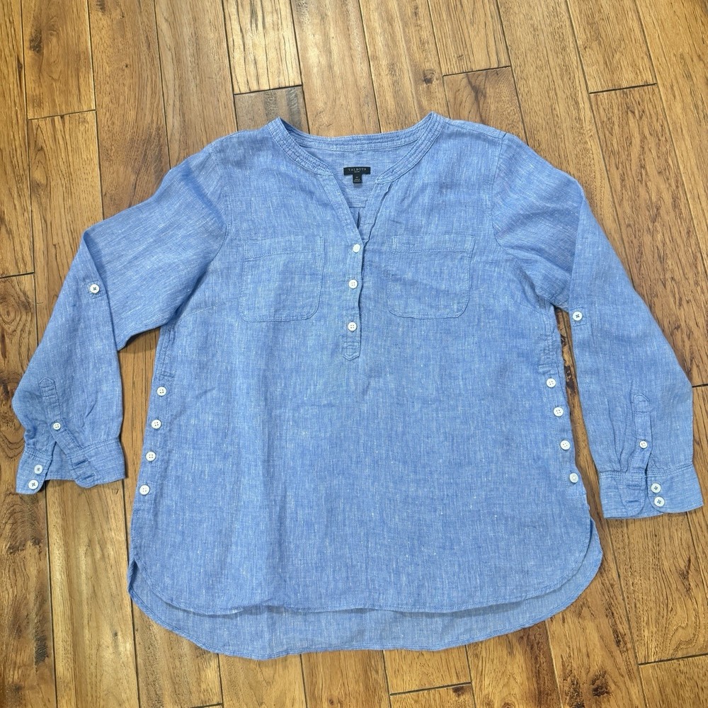 Talbots Blue 100% Linen Band Collar Side Button Popover Size L Petite