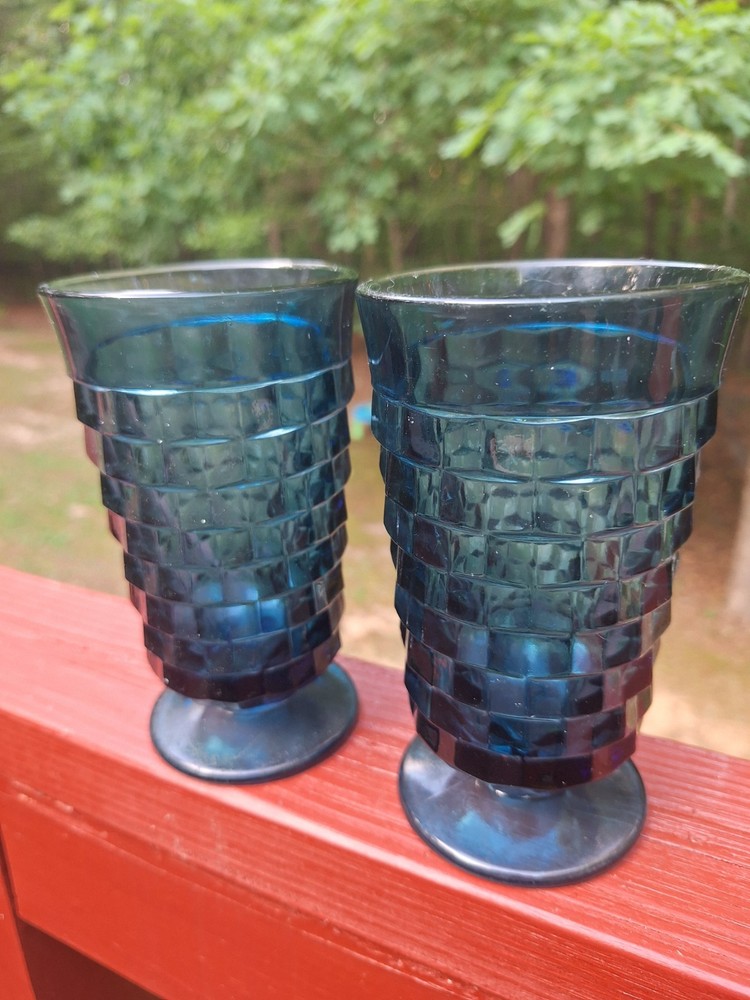 Vtg Indiana Glass Whitehall Colony Riviera Blue Cubist Footed Set Of 2 Tumblers