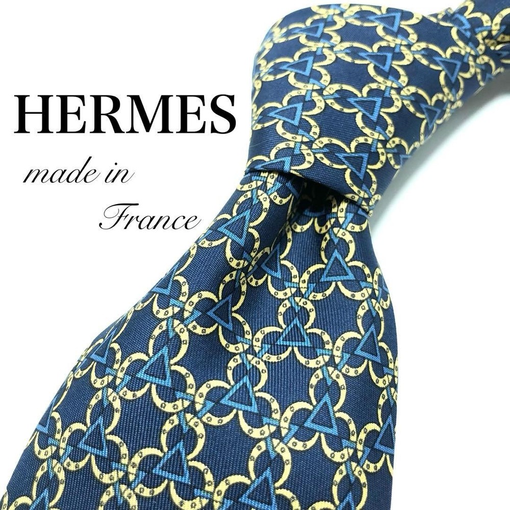 HERMES Necktie Tie Navy Geometric Authentic Used 100% Silk Men's Made in France