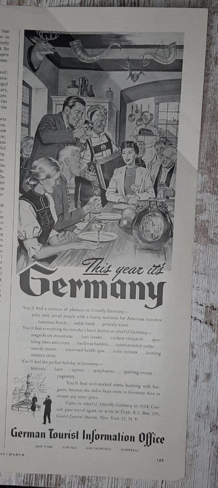 1954 Germany Vintage Print Ad Tourist Vacation Travel Lodge Accordion Dining B&W