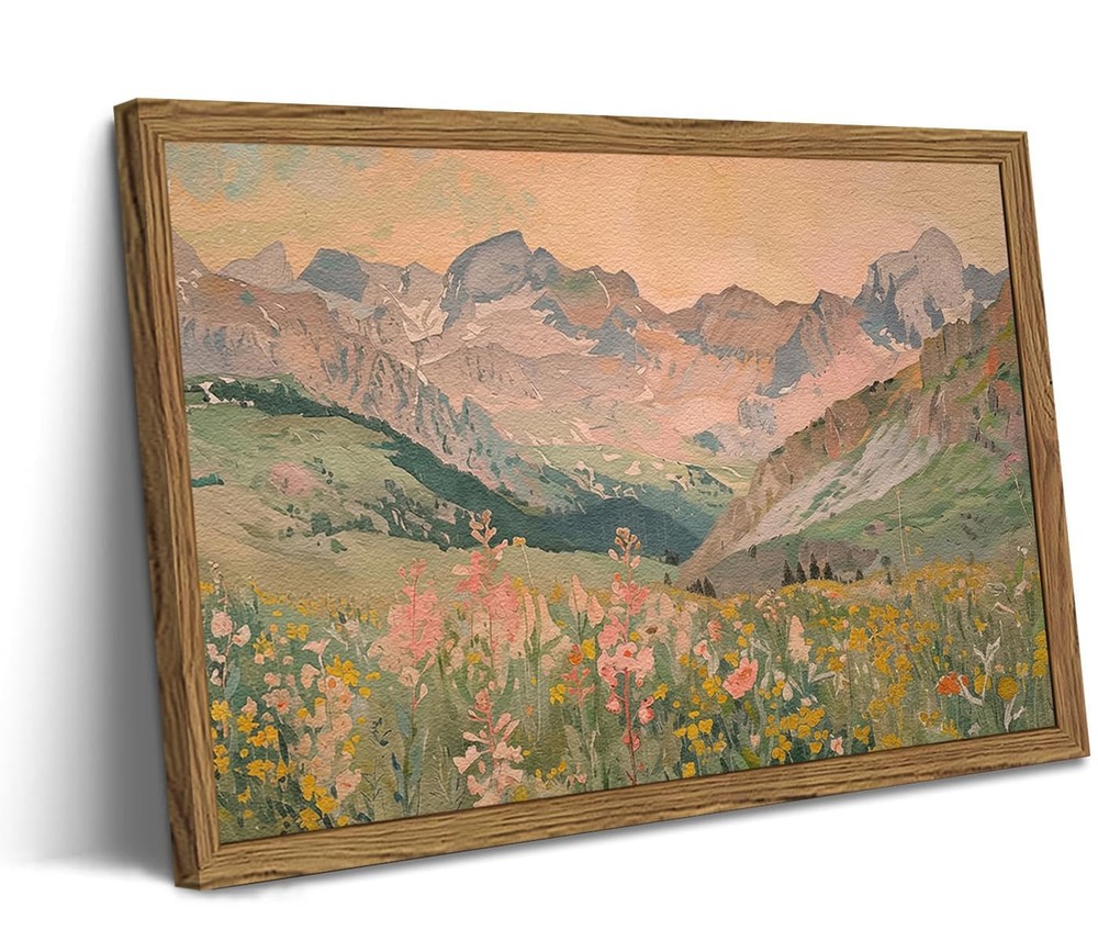 Framed 3D Textured Vintage Landscape Wall Art, Mountain Wildflower Meadow Wal...