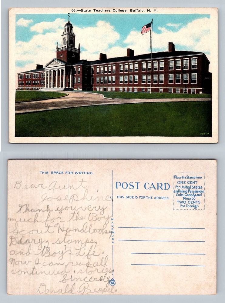 Buffalo, NY-New York, State Teachers College Clock Tower Flag Vintage Postcard