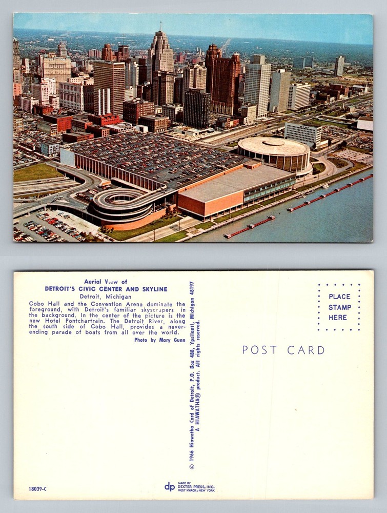 Detroit, MI-Michigan, Civic Center & Skyline Cobo Hall River Vintage Postcard