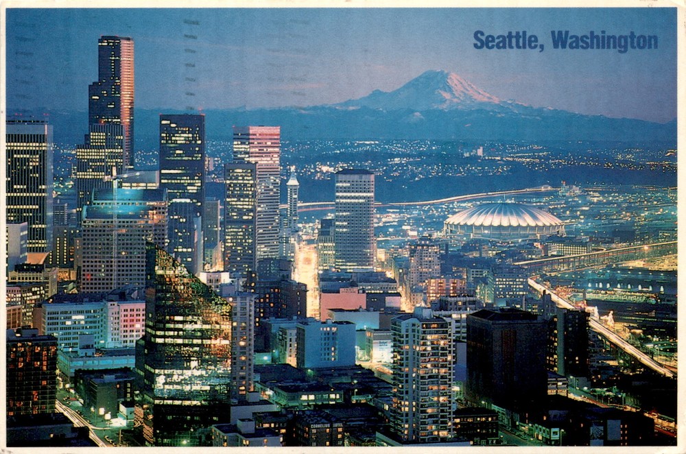 Vintage Seattle postcard featuring Mount Rainier Space Needle KingDome Oakland