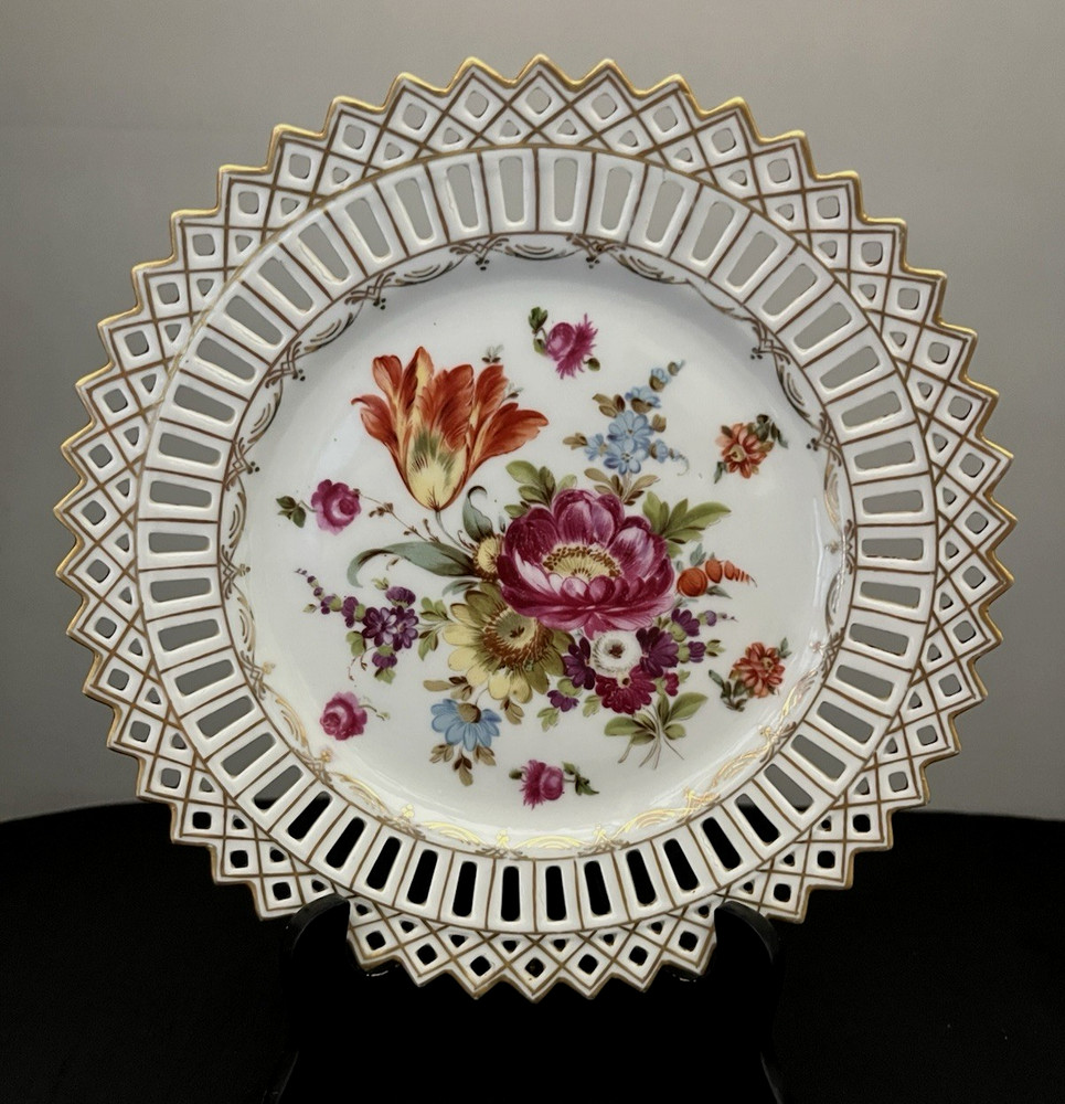 Vintage Reticulated Dresden Multicolored Flowers Plate 8.25