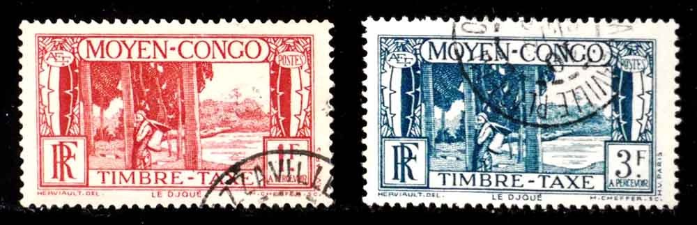Middle Congo, France: 1933 Classic Era Stamps Post Dues Sct#J31,J33 Cv $25 Sound