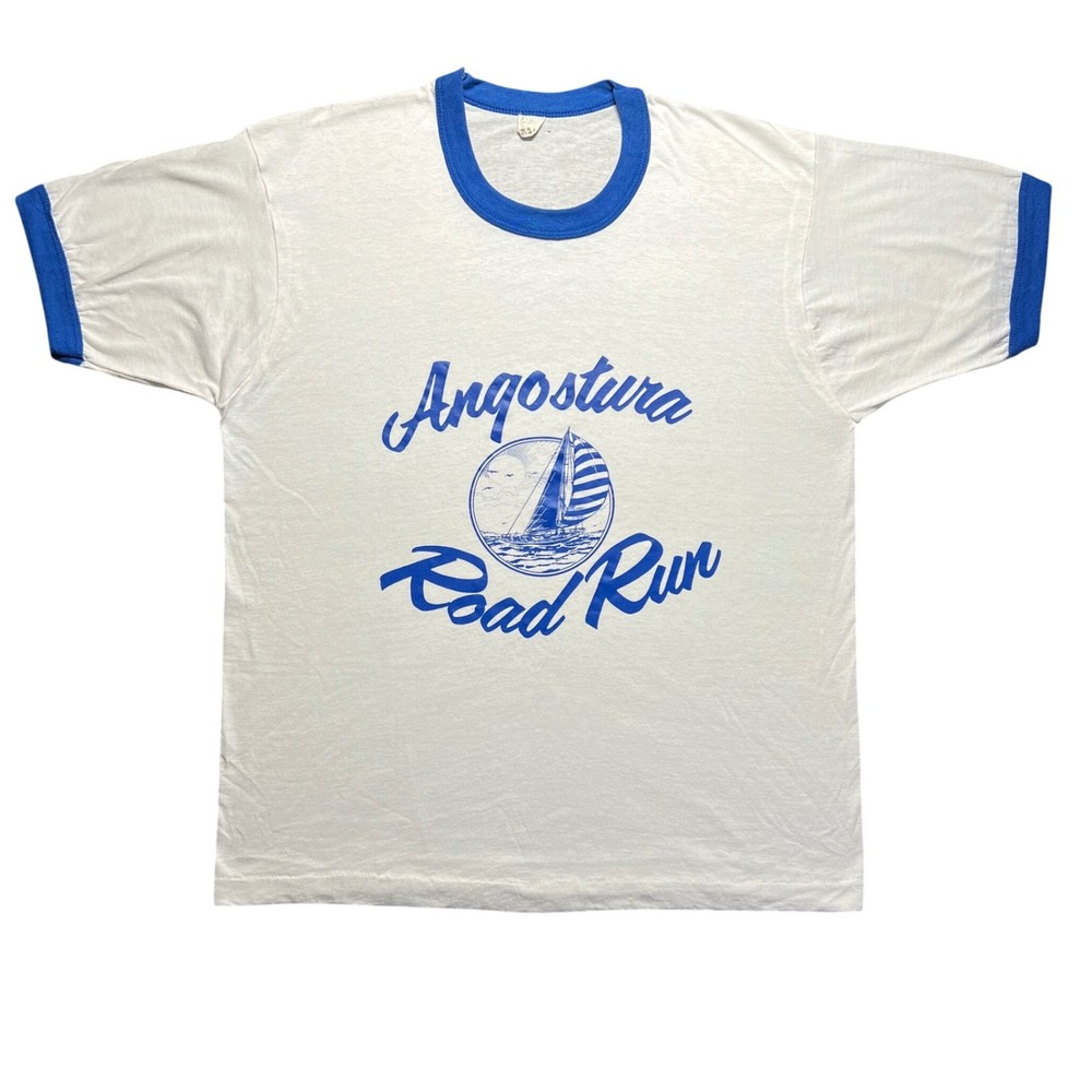 Vintage 80s Screen Stars Angostura Road Run Ringer T Shirt Mens XL White Blue