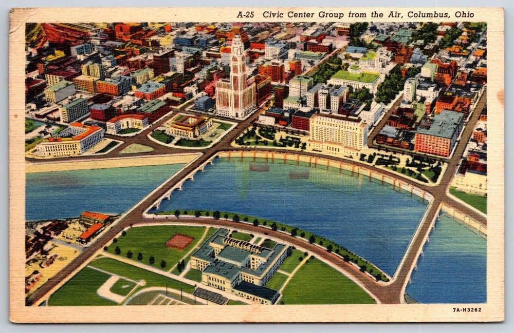 Columbus Ohio~Civic Center Bldg Group Seen From Air~PM 1940~Vtg Linen Postcard