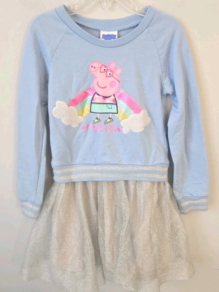 Peppa Pig Girls Dress Size 5T Blue Rainbow Glitter Tulle Long Sleeve Sweatshirt