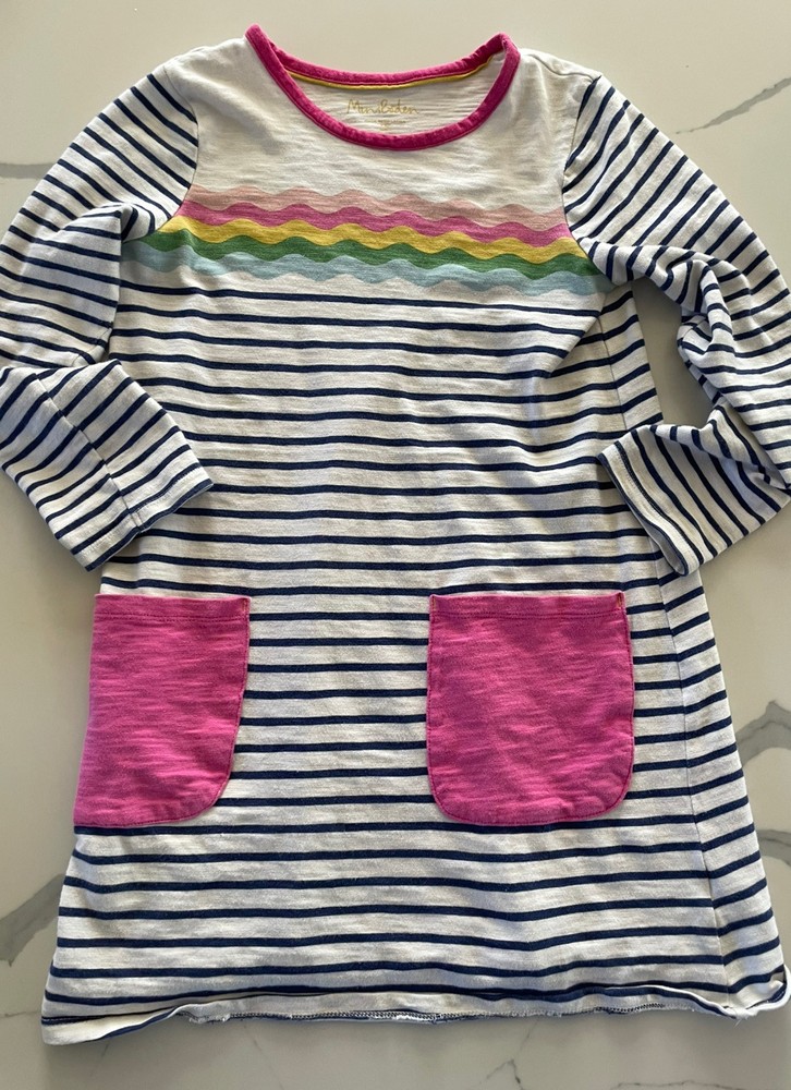 Mini Boden Girls Long Sleeve Striped Jersey T-shirt Dress in Navy Blue 9-10