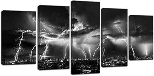 Biuteawal - Black and White City Wall Art Nature Lightning Strikes in The Clo...