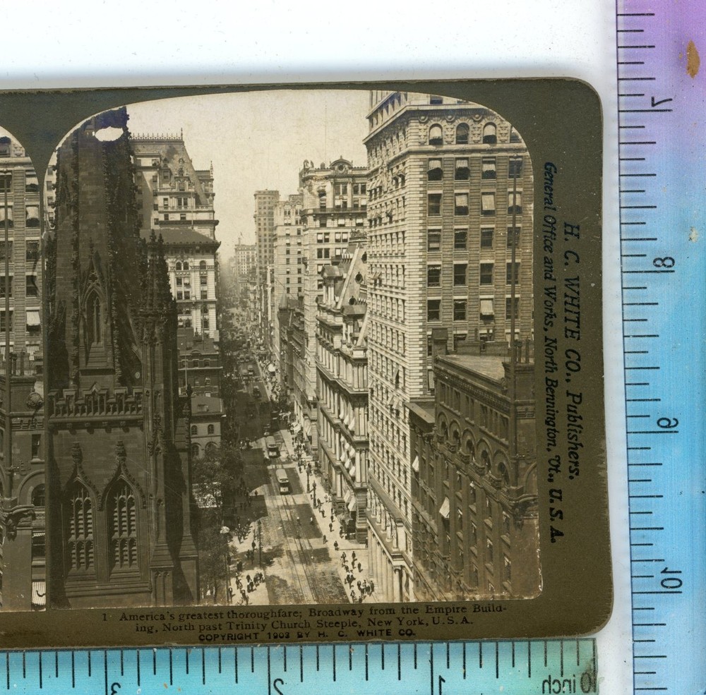 Broadway from Empire State Past Trinity Church NY New York H.C. White Stereoview