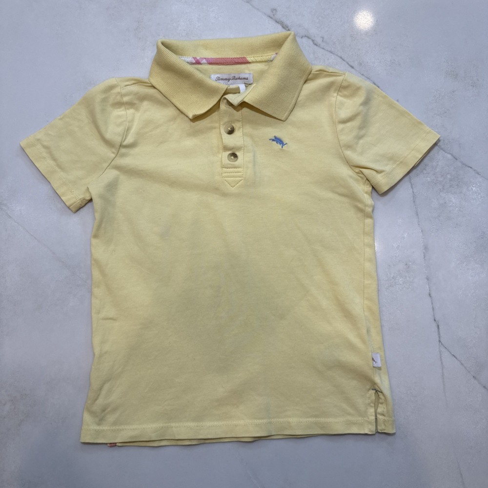 Tommy Bahama Boys Polo Shirt 4T Yellow Short Sleeve Cotton Blend Dolphin Logo