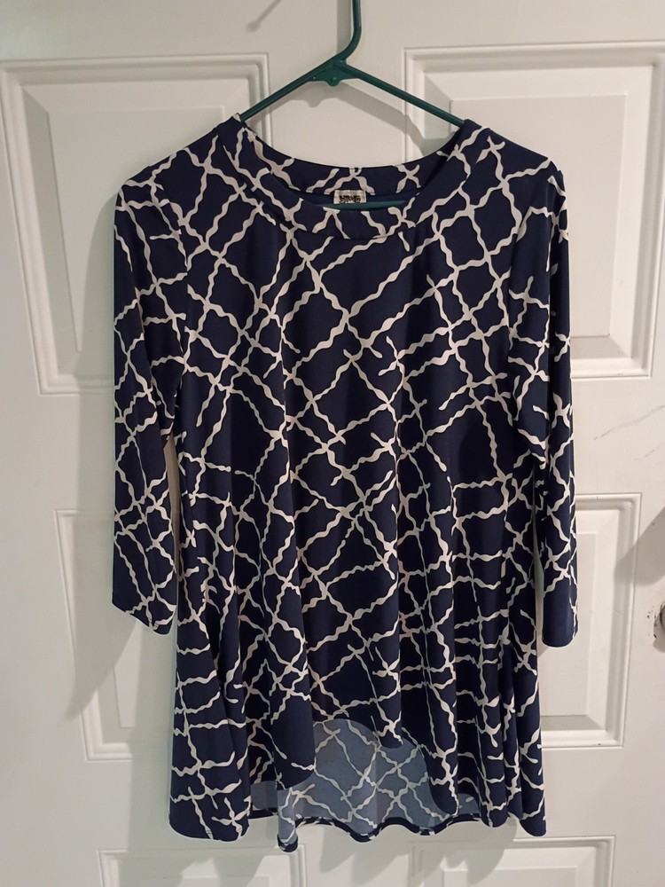 Anne Klein Small Size Navy Blue & White Shirt Women's Top 3/4 Sleeve Blouse