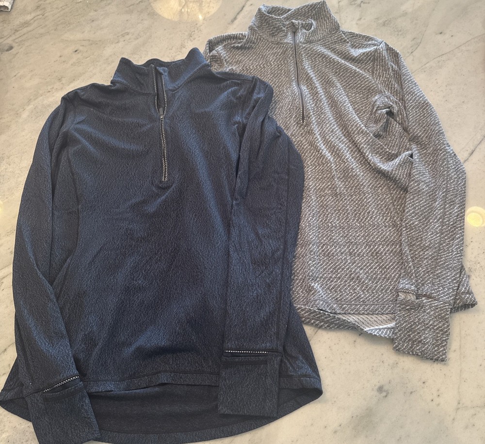 Lot of 2 Lululemon Pullover Shirt Womens Medium Gray Blue Quarter Zip Pockets