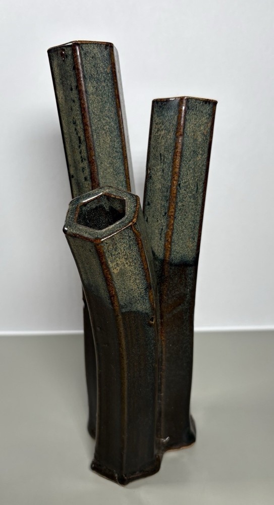 Studio Pottery Multi Stem Vase Hexagon Tube Modern MCM Art Pottery 9”