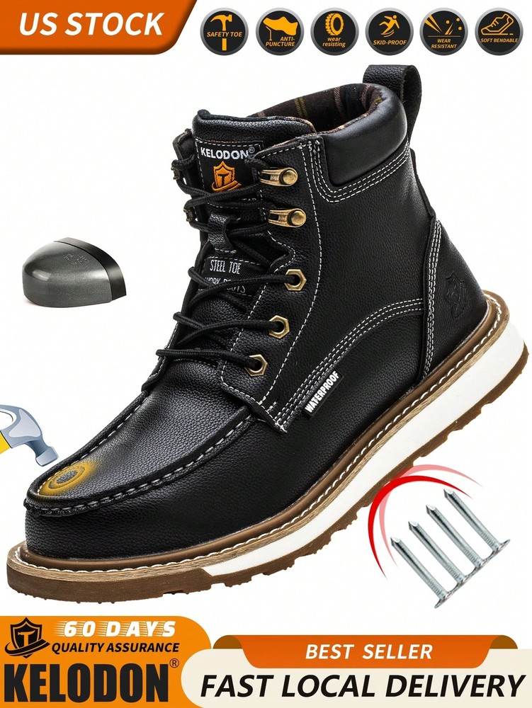 ASDFG-KELODON 6-Inch Waterproof Steel Toe Work Boots for Men - Durable Leather