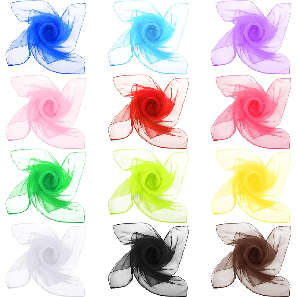 12-Piece 50s Retro Chiffon Square Head Scarves for Women - Sheer Handkerchief Style
