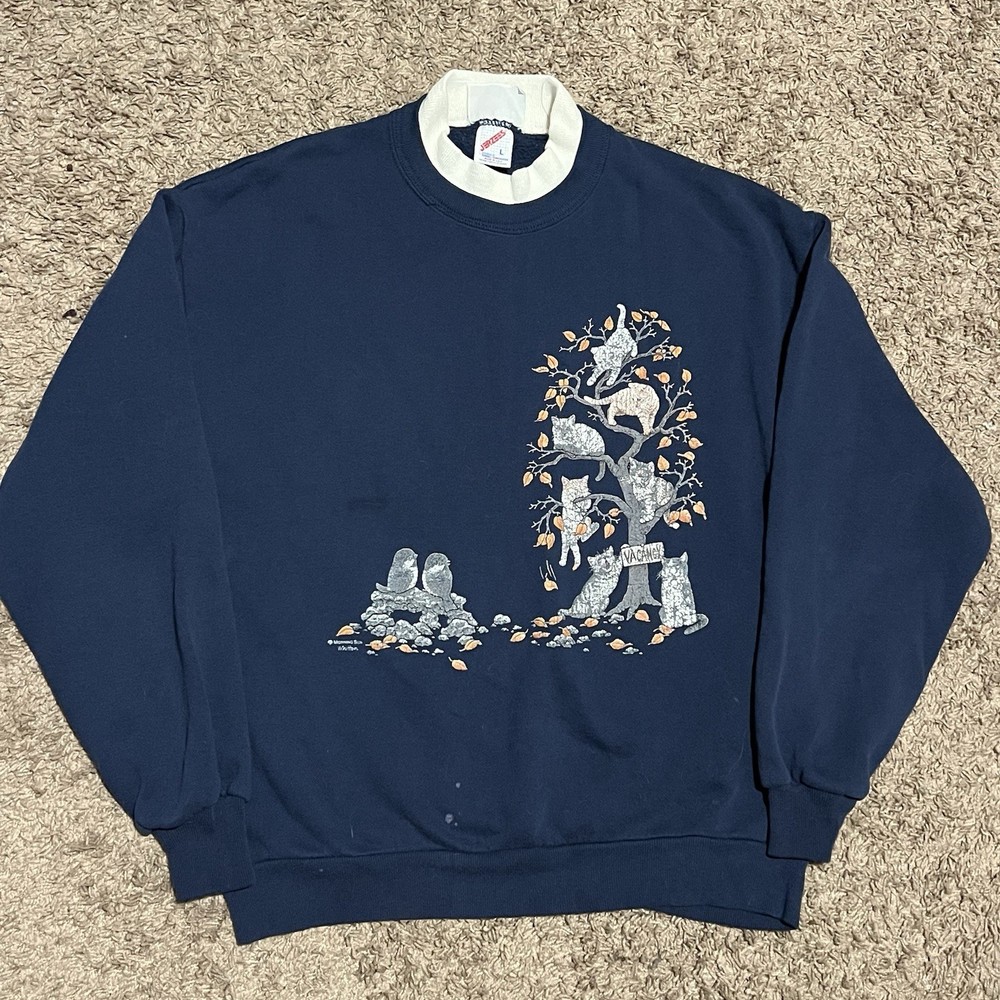 Vintage 90s Morning Sun Floral Cats Pullover Crew Neck Size L Sweatshirt